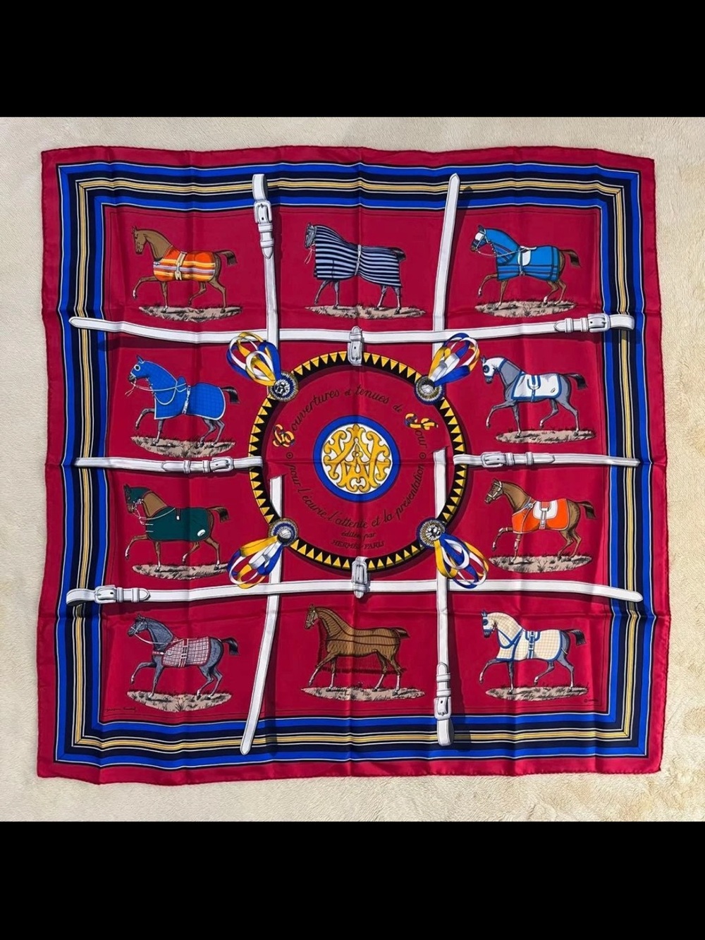 Hermes Multicolor Horse Blanket Pattern Silk Scarf
